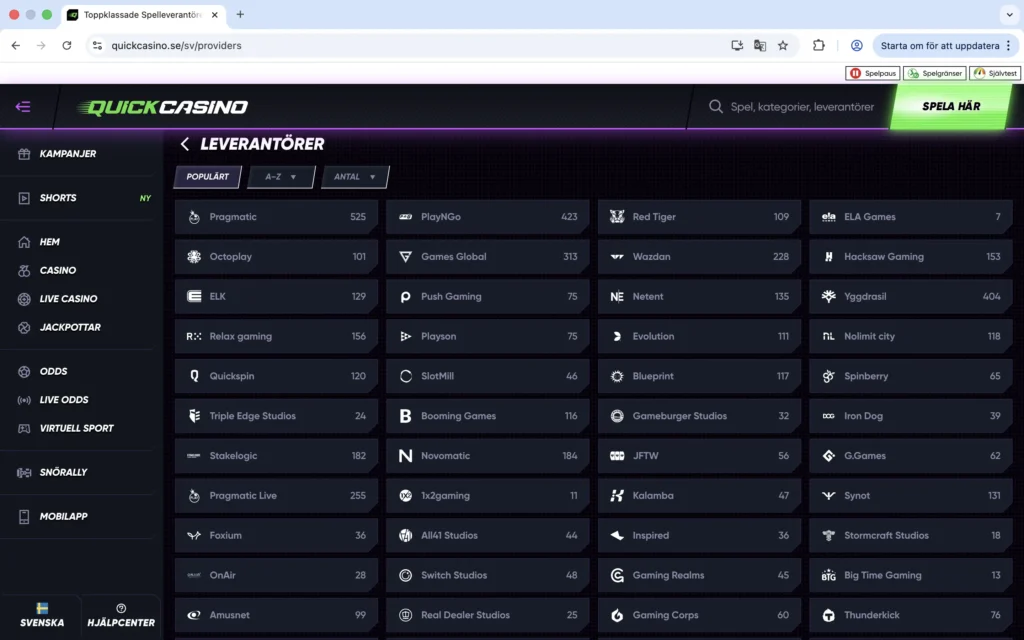 Skärmdump på Quick Casinos spelleverantörer