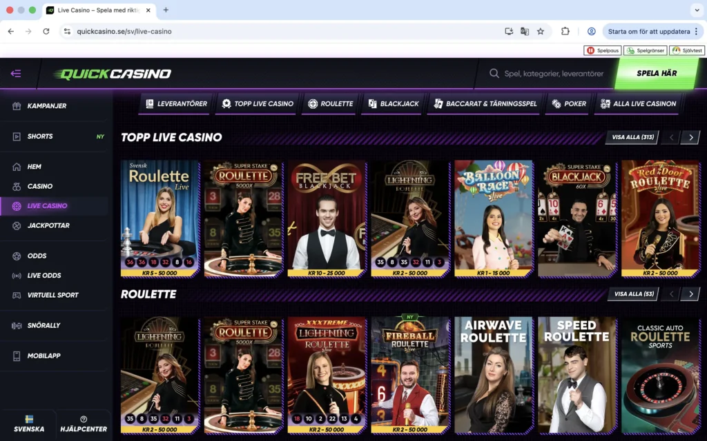 Skärmavbild på Live Casinot hos Quick Casino