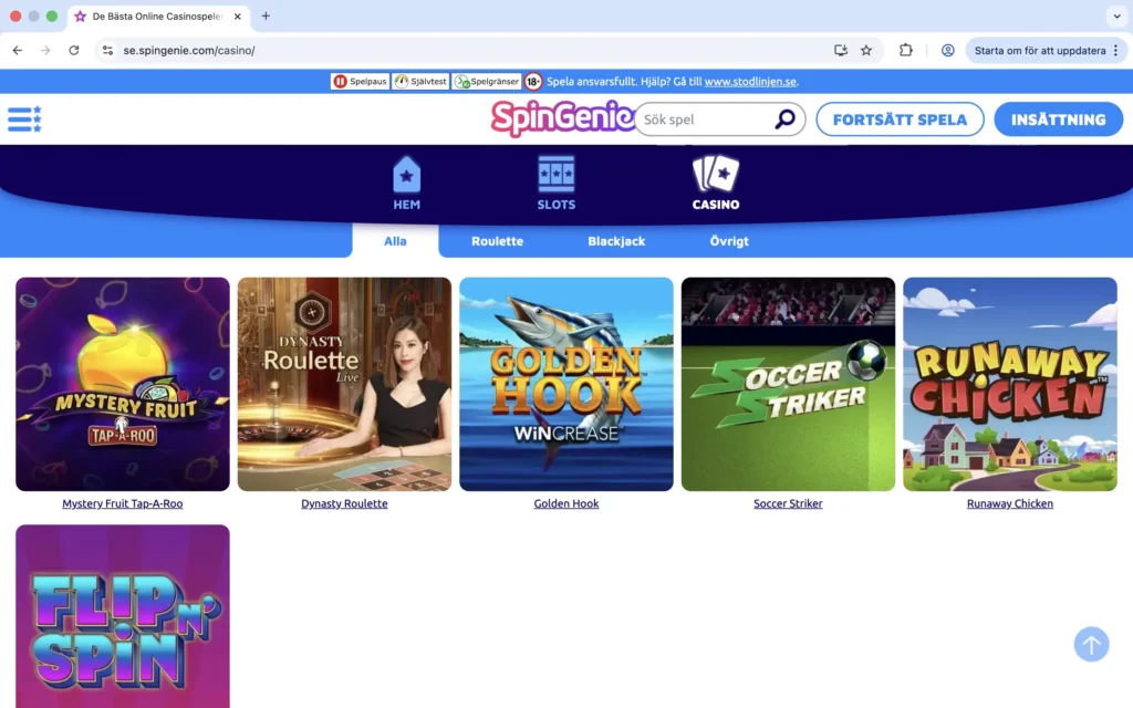 Skärmavbild från Spin Genie casino