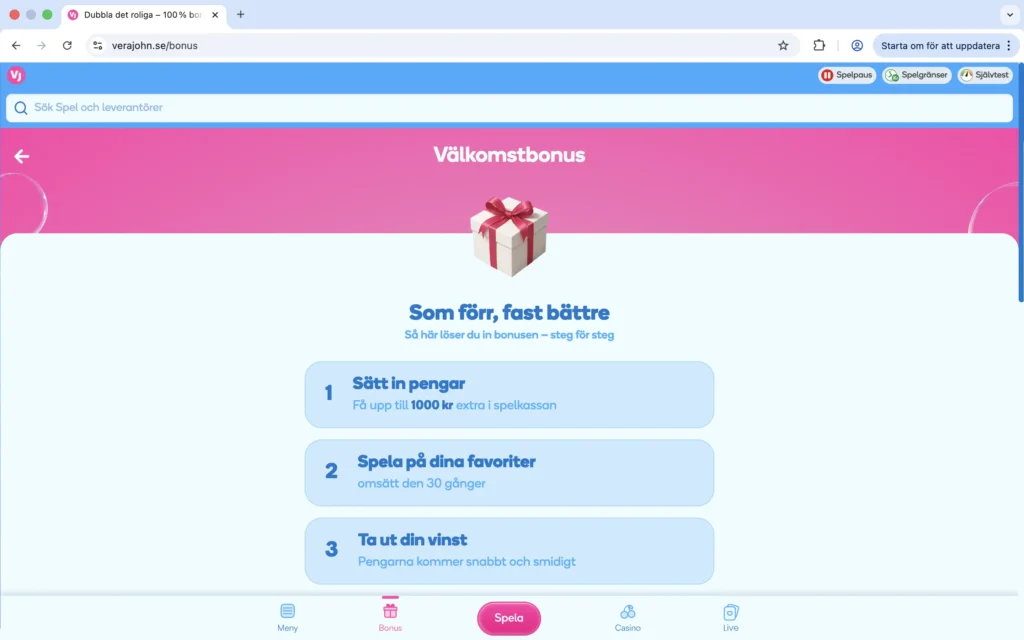 Skärmavbild från Vera & John bonus