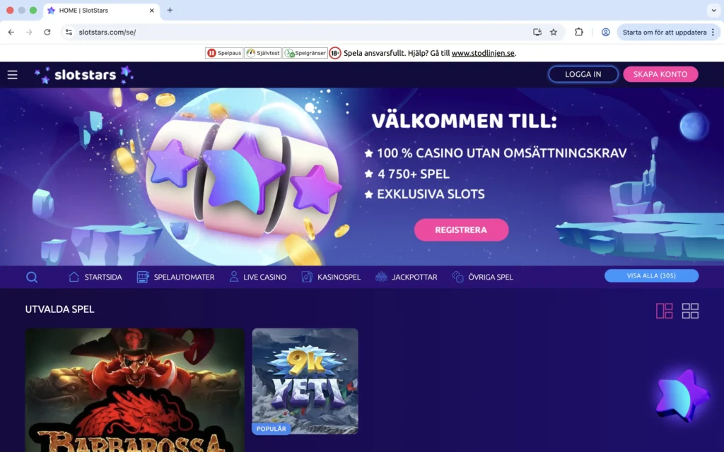 Skärmavbild på förstasidan hos Slotstars