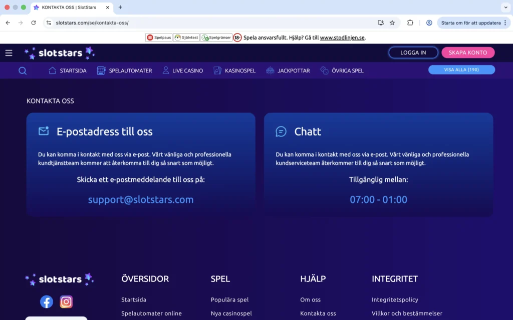 Skärmdump av Slotstars kundcenter