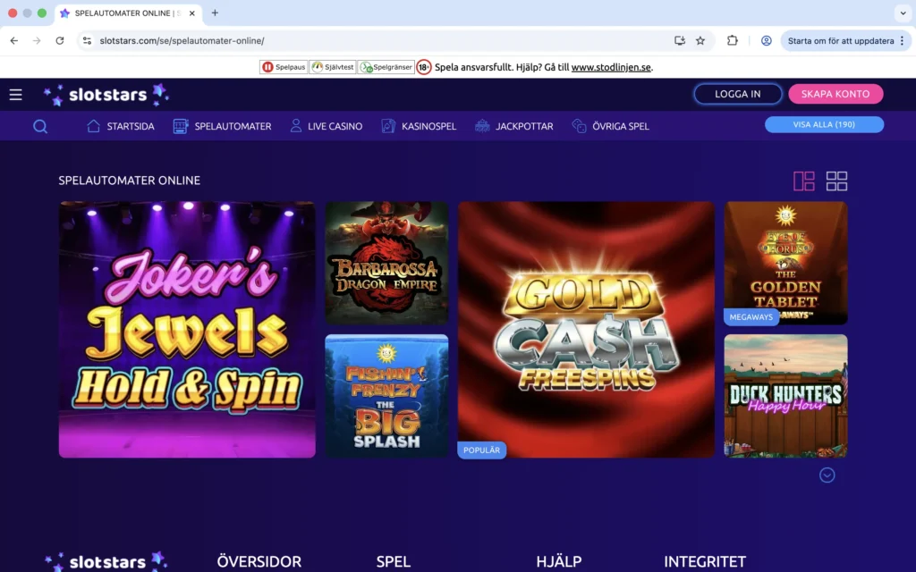 Skärmdump från Slotstars slots