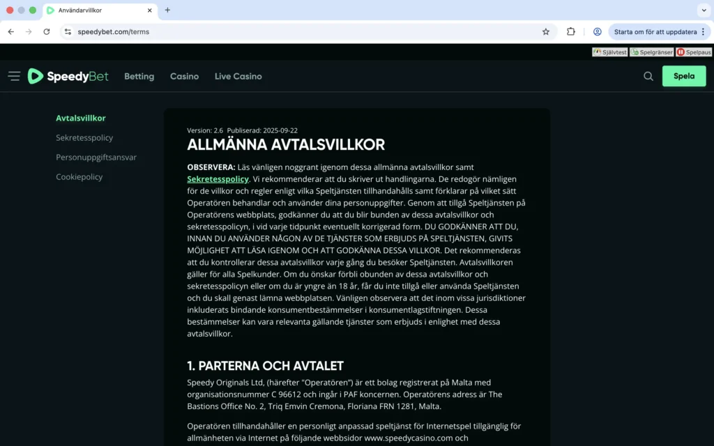 Skärmavbild av SpeedyBets användarvillkor