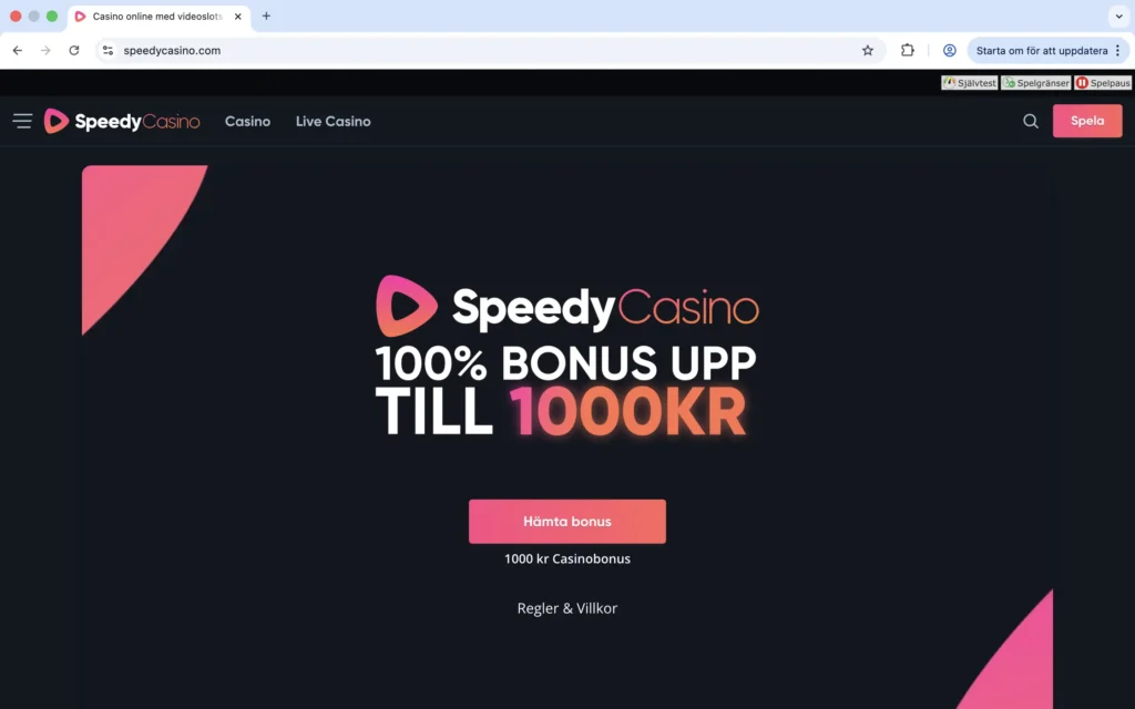 Skärmavbild på SpeedyCasino förstasida
