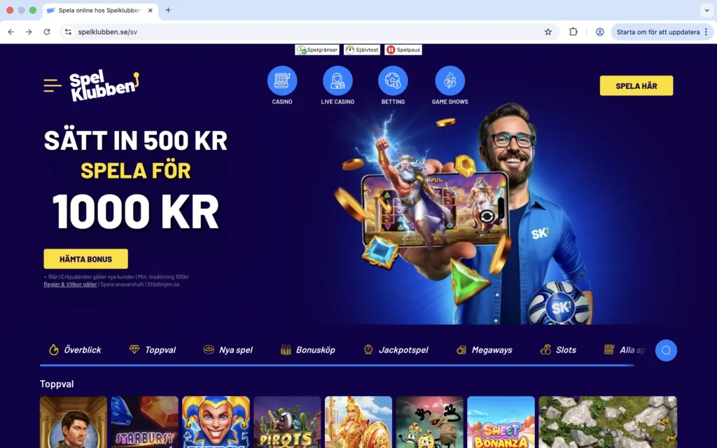 Skärmavbild på Spelklubben förstasida