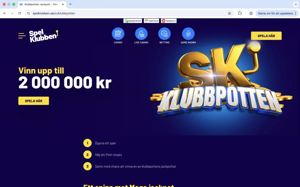 Skärmavbild från "Klubbpotten" hos Spelklubben