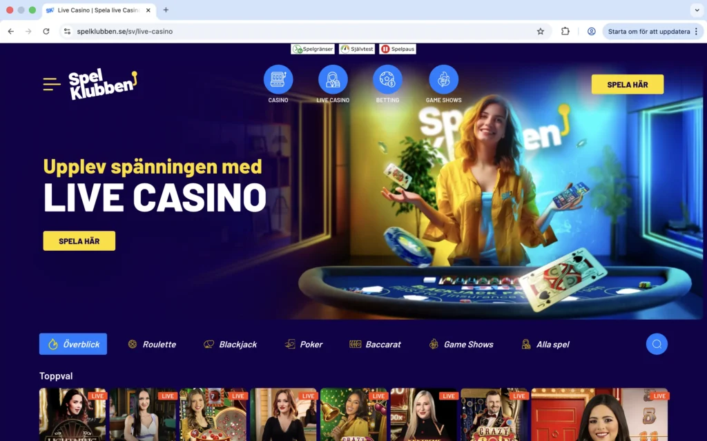 Skärmdump av Spelklubbens Live Casino