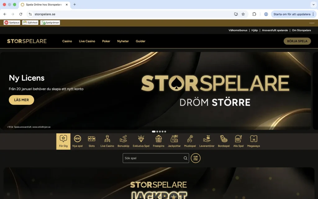 Skärmdump på förstasidan hos Storspelare