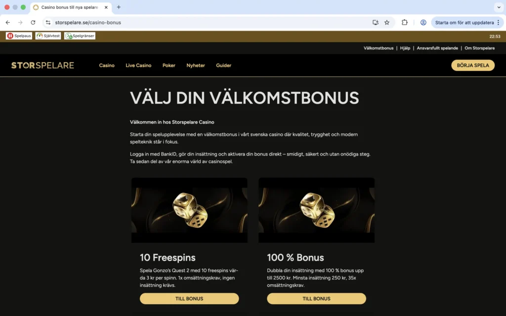 Skärmdump på välkomstbonusarna hos Storspelare