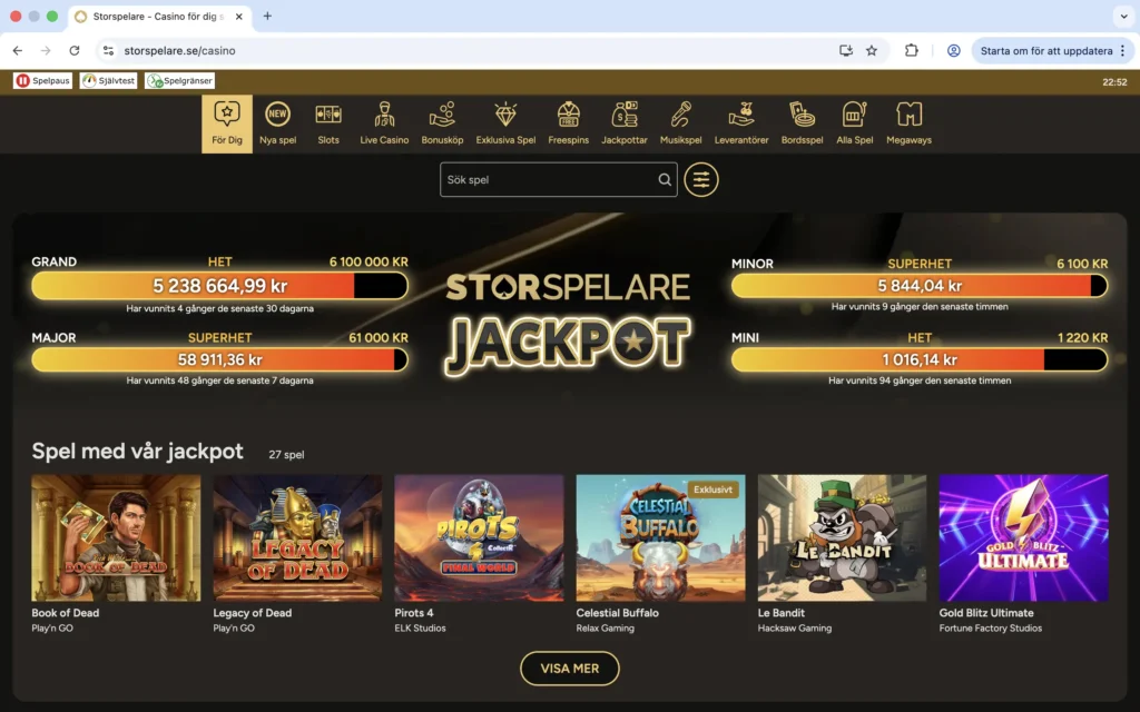 Skärmavbild av Storspelares casino