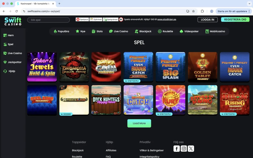 Skärmdump från spelutbudet på Swift Casino