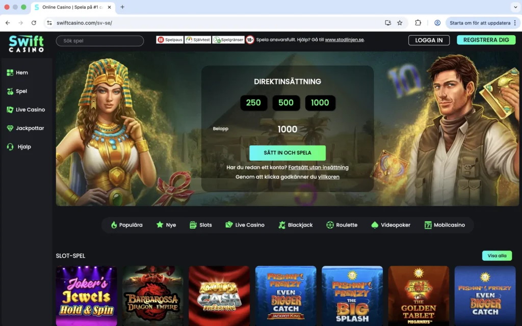 Skärmdump av förstasidan hos Swift Casino