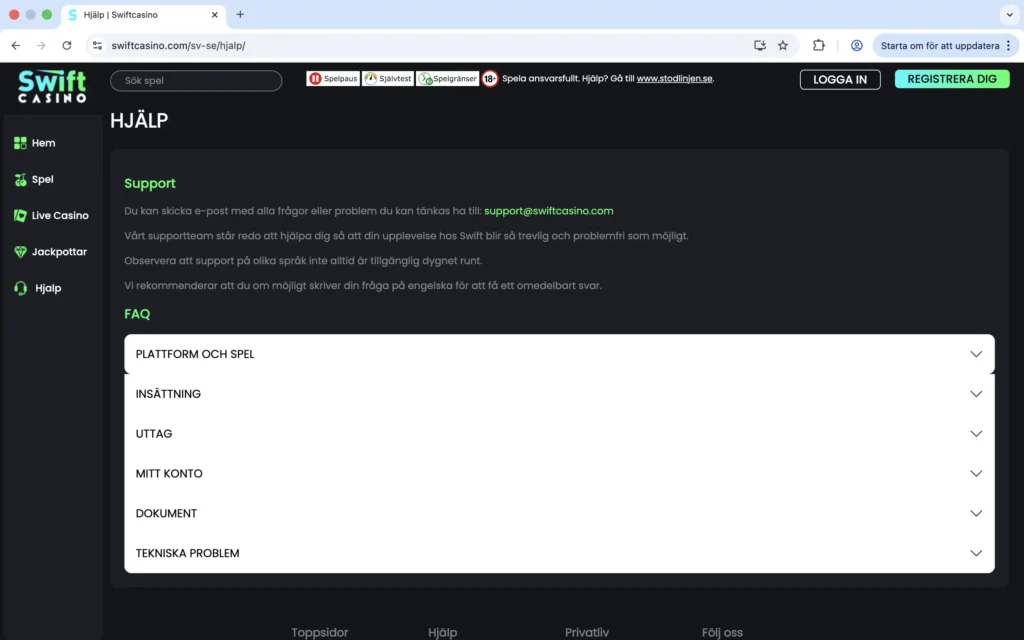 Skärmavbild på Swift Casino support