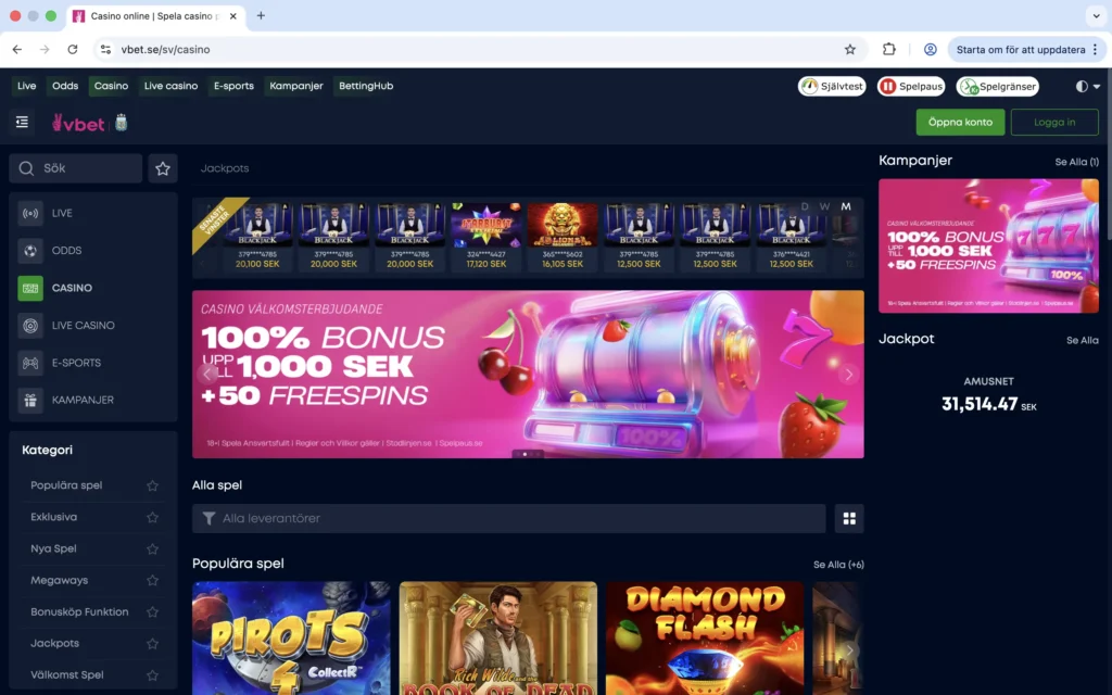 Skärmdump av VBET casino