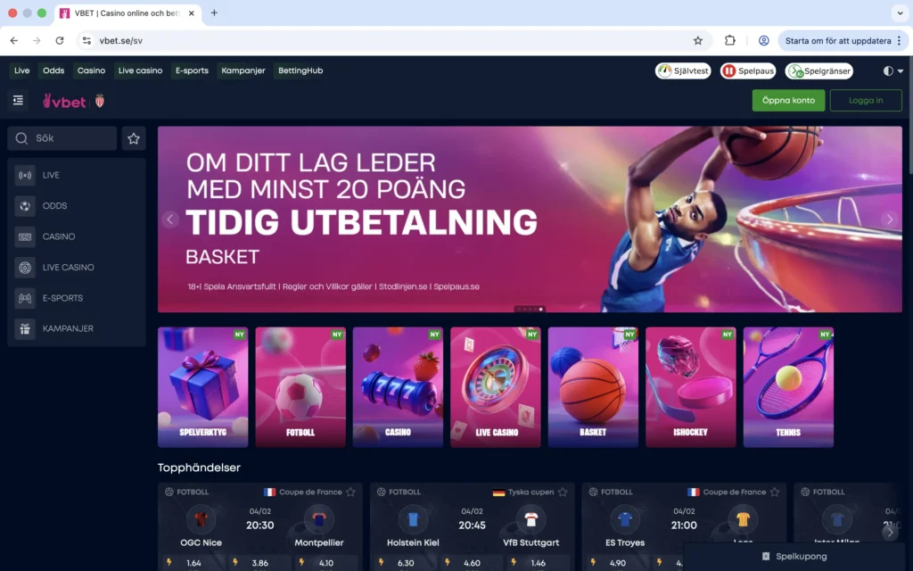 Skärmavbild på VBETs förstasida