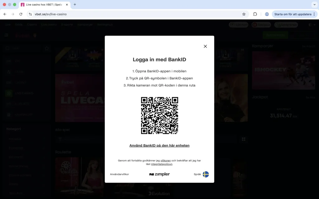 Skärmavbild från VBET "öppna konto"