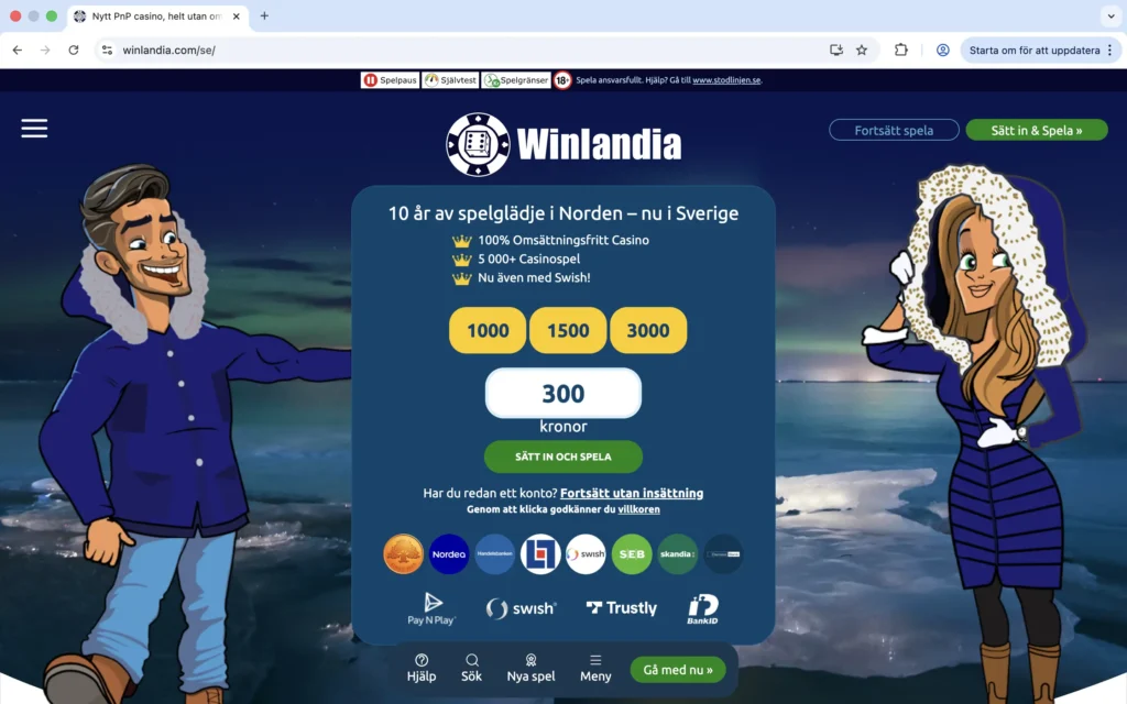 Skärmdump från Winlandias förstasida