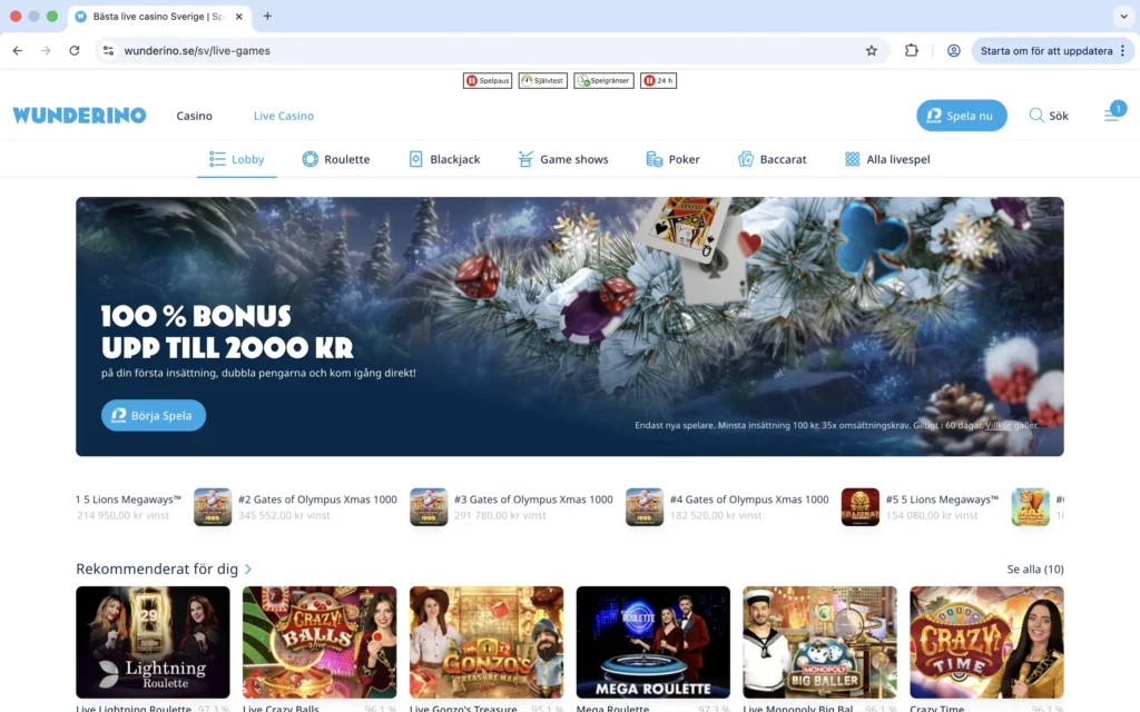 Skärmdump från Live Casinot hos Wunderino