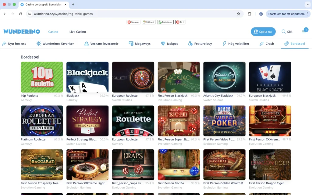Skärmdump på bordsspel hos Wunderino