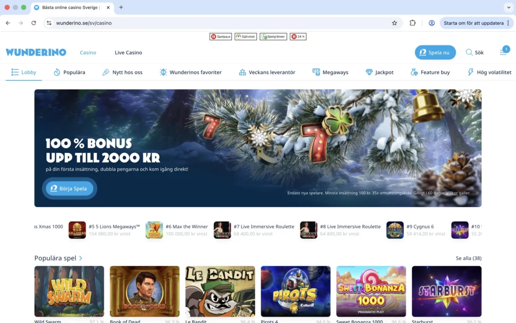 Skärmdump av Wunderinos förstasida