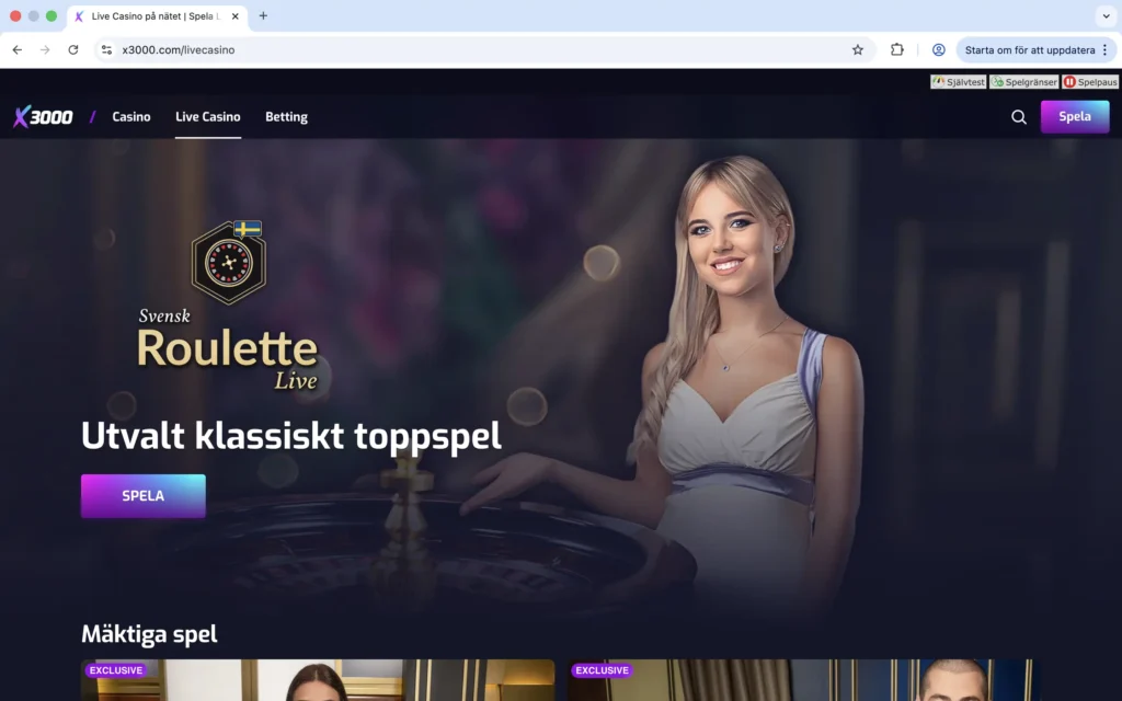 Skärmavbild från live casinot på X3000