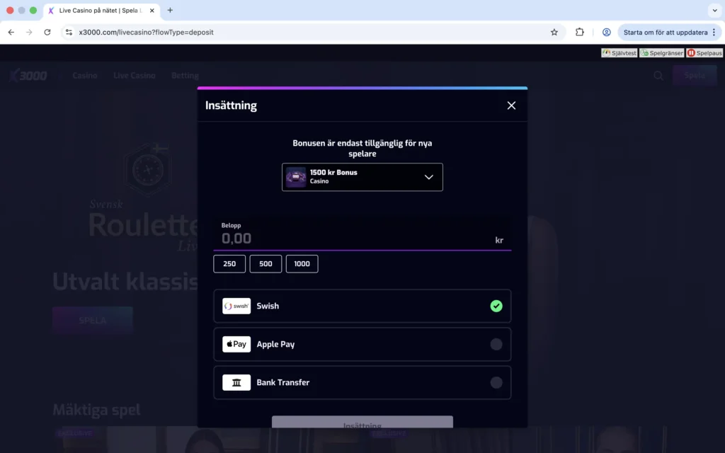 Skärmavbild av X3000 "Börja spela"