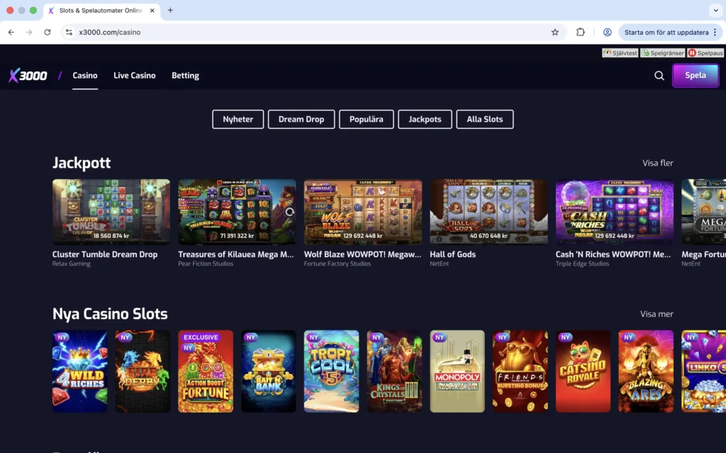 Skärmavbild på casinot hos X3000