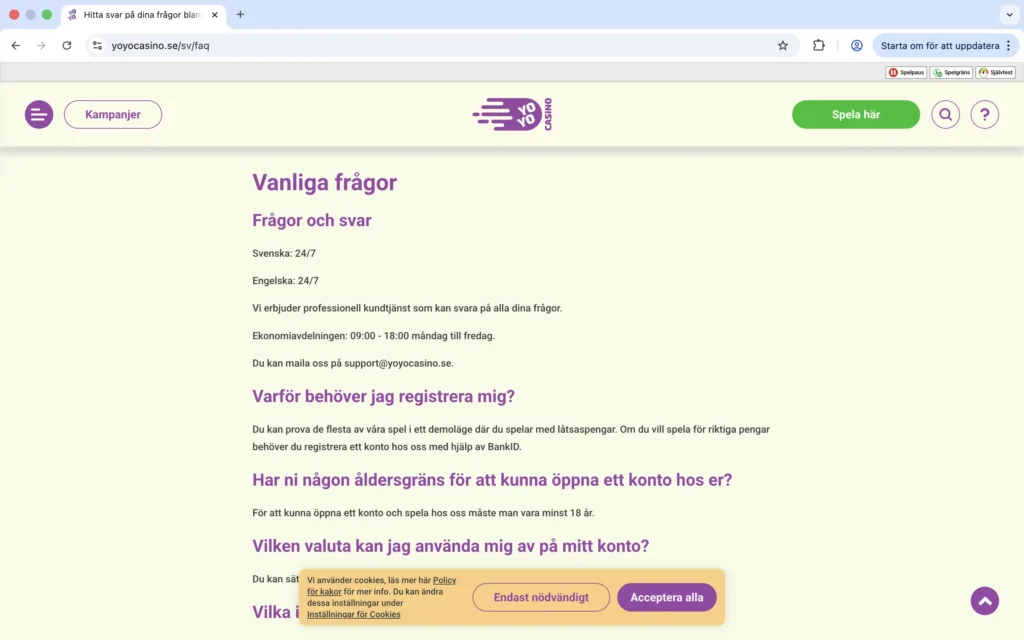 Skärmavbild från "Vanliga frågor" hos YoYo Casino