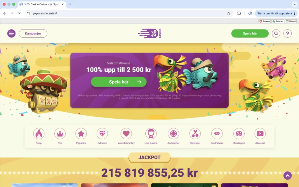 Skärmavbild på YoYo Casinos förstasida