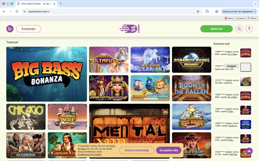 Skärmdump av YoYo Casino toppspel