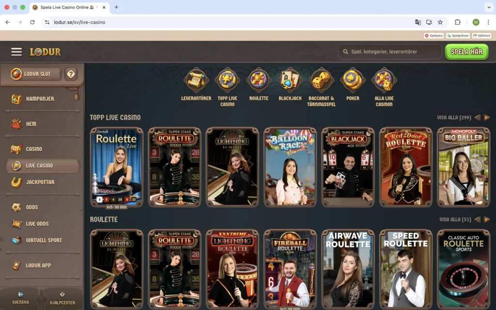 Skärmdump av Live Casinot hos Lodur