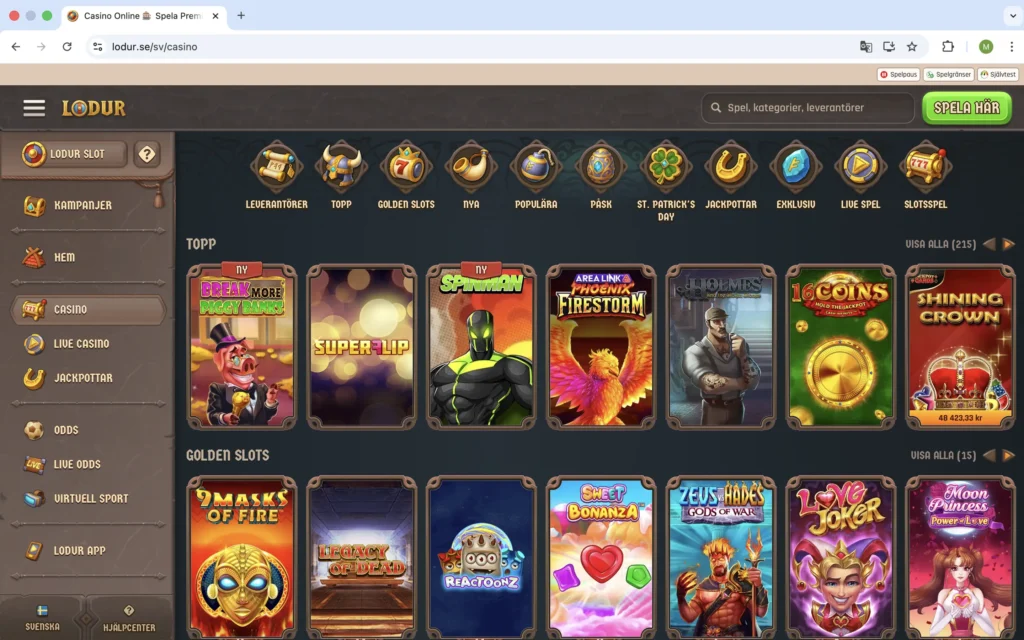 Skärmavbild från Lodur casino-sida