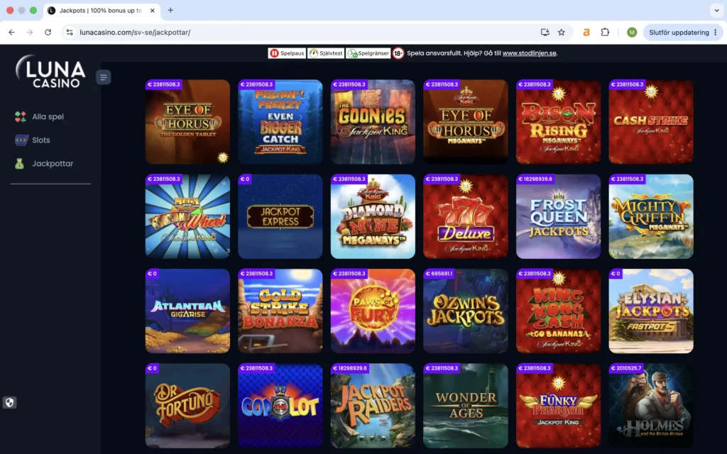 Skärmdump av Luna Casinos jackpottar