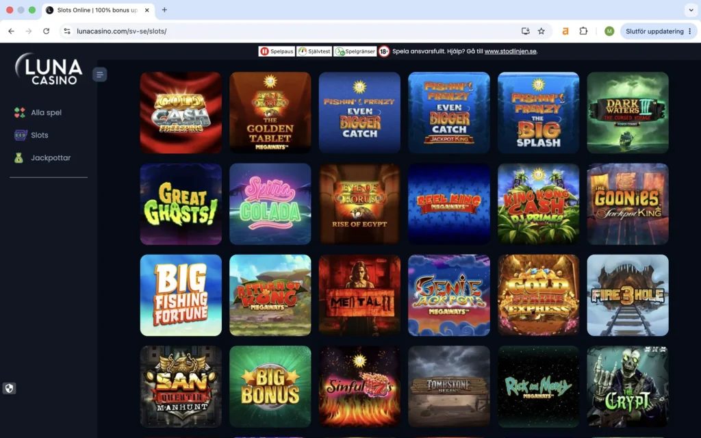 Skärmavbild från lista på Luna Casino slots
