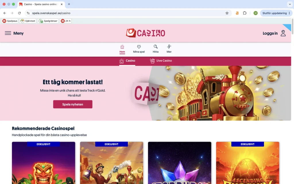 Svenska Spel Casino skärmdump av förstasidan
