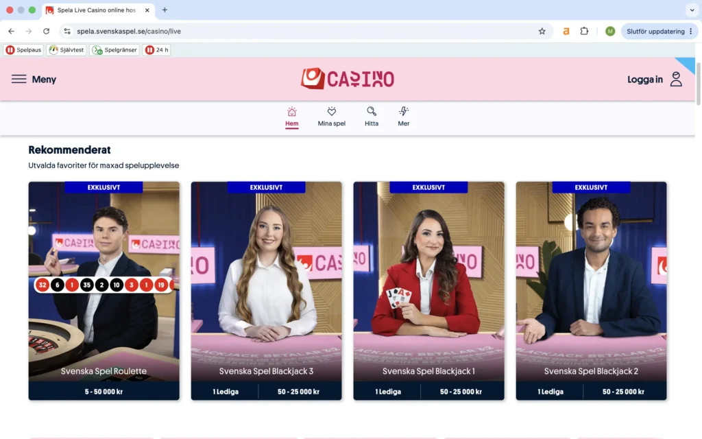 Skärmavbild på Live Casinot hos Svenska Spel Casino