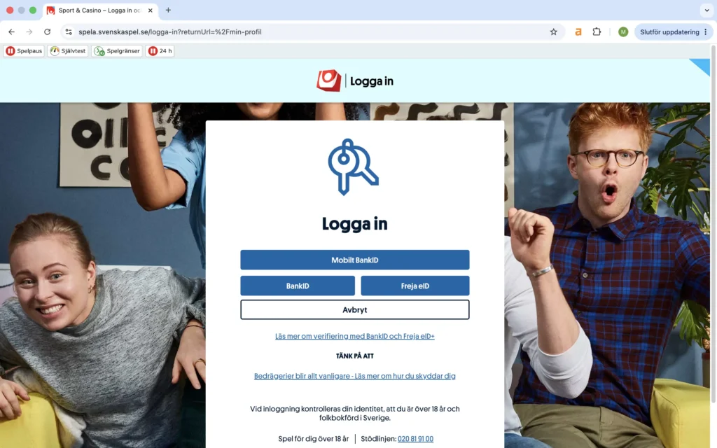 Skärmdump från 'Logga in' hos Svenska Spel Casino